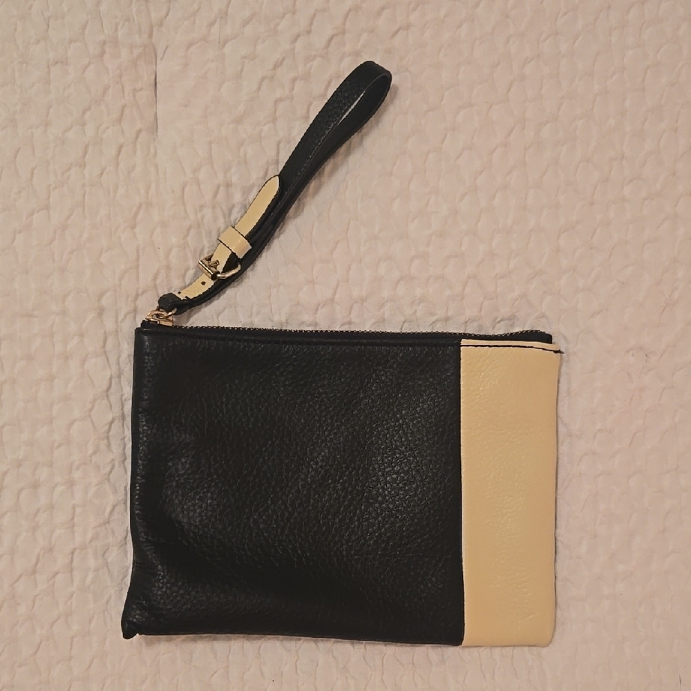 Black and Cream Clutch with Zipper Closure and Wrist Strap